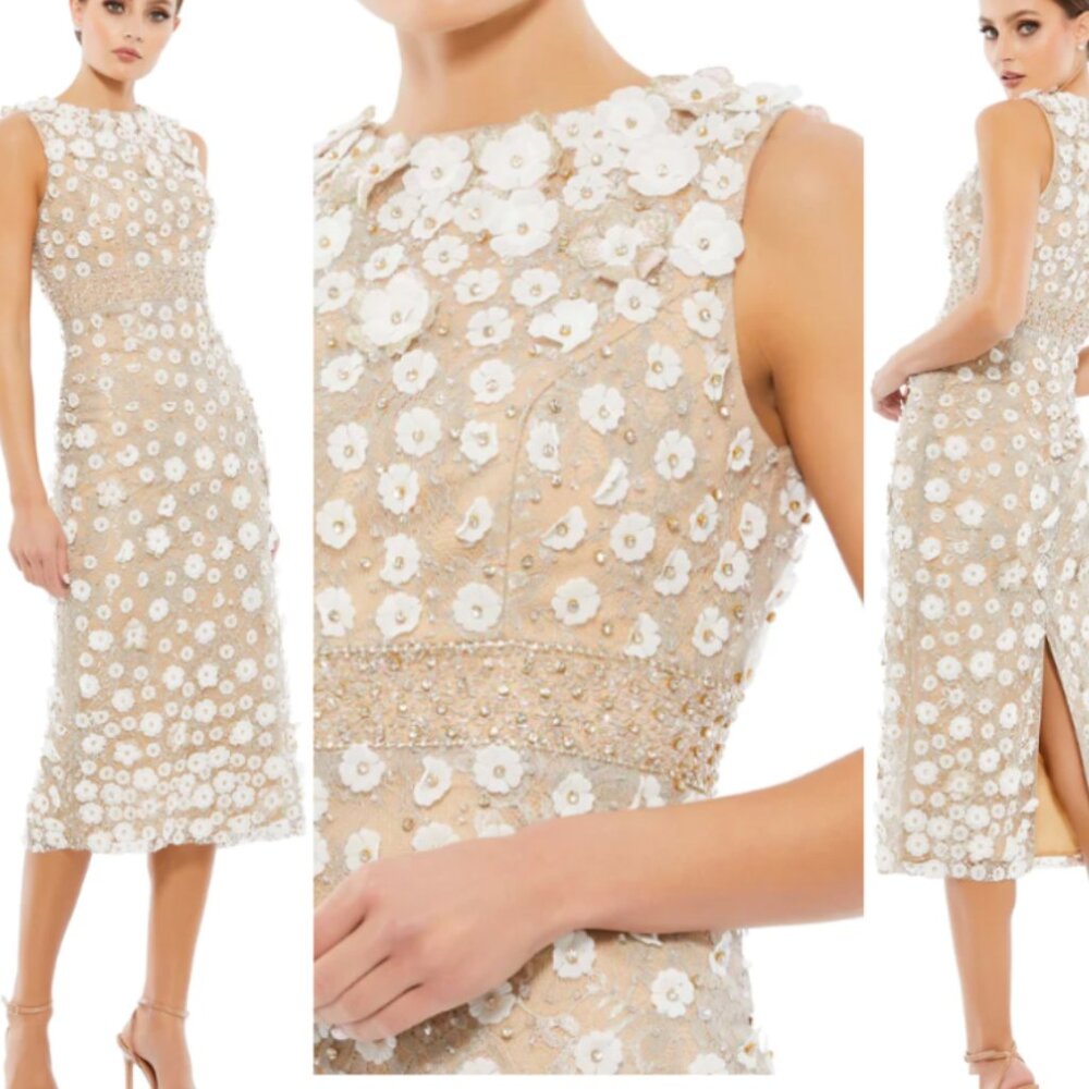 New Mac Duggal Floral Appliqué Sleeveless Midi Dress Ivory/Nude 67853